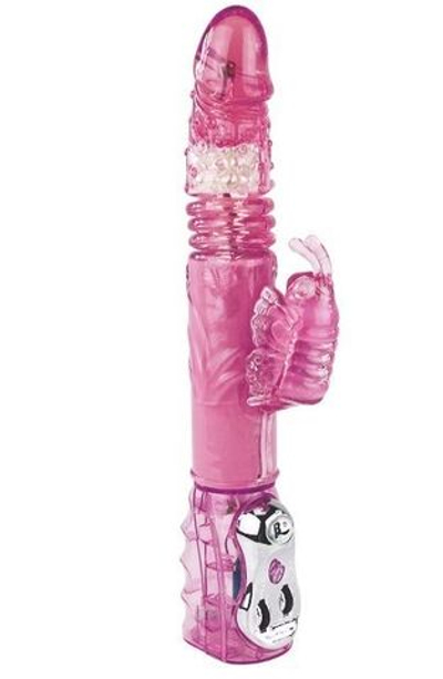 Розовый виброротатор с клиторальным стимулятором и возвратно-поступательным движением - 29,5 см. (Цвет: розовый)