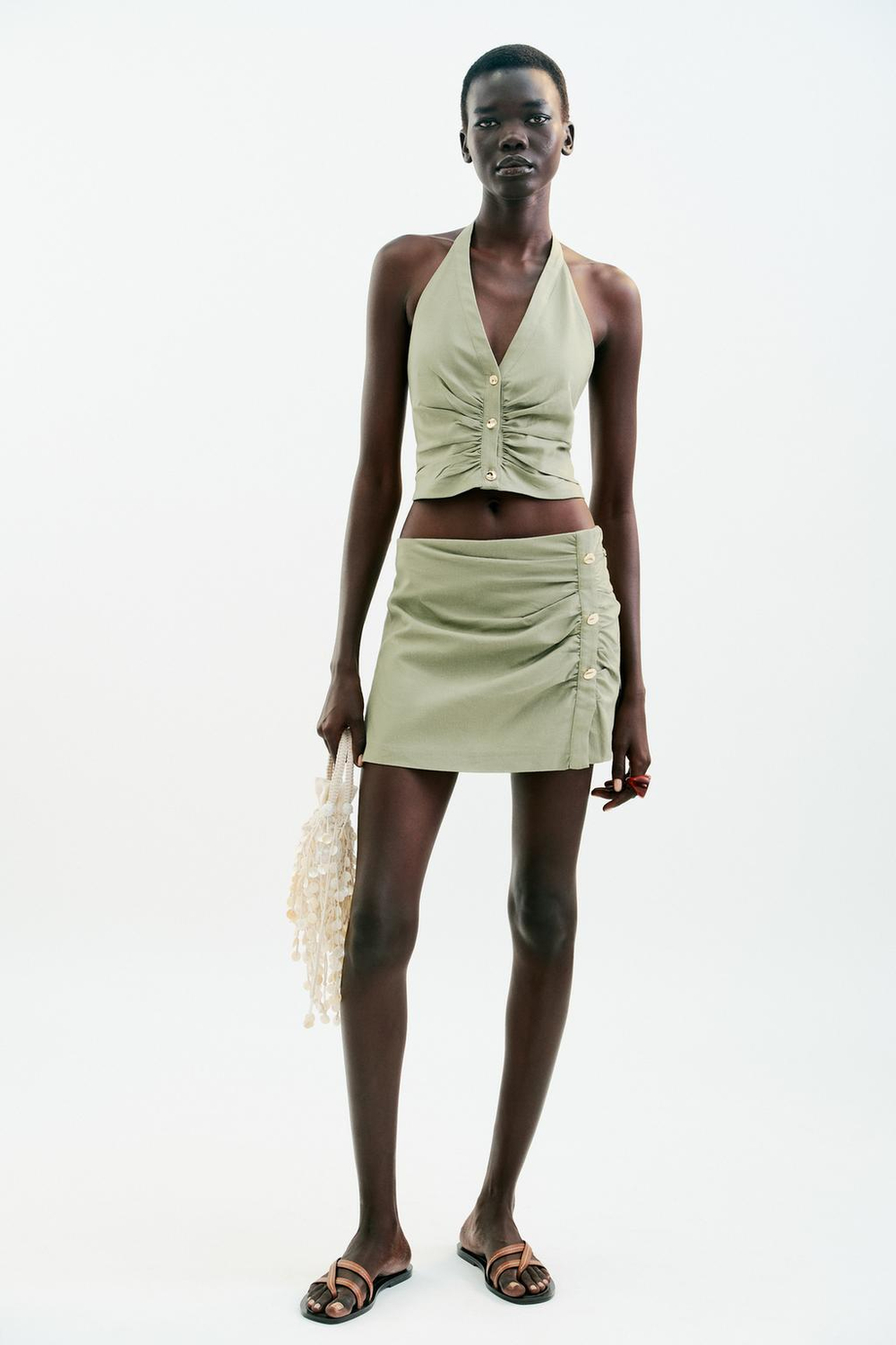 ZARA ТОП ИЗ СМЕСОВОГО ЛЬНА С ГОРЛОВИНОЙ ХАЛТЕР, СВЕТЛЫЙ ХАКИ