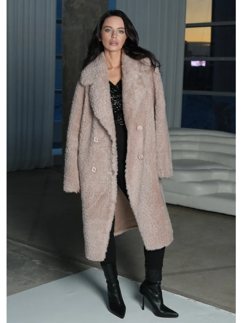 Шуба из натуральной шерсти мериноса, пудровая, SilverFox (арт. 1188)