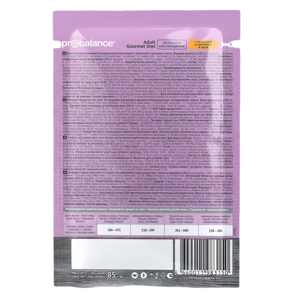 Пауч ProBalance Adult Gourmet Diet Veal & Rabbit для кошек с телятиной и кроликом в желе