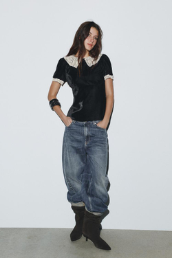 ZARA БАРХАТНАЯ РУБАШКА С КРУЖЕВОМ КРОШЕ И БАНТОМ, ЧЕРНЫЙ