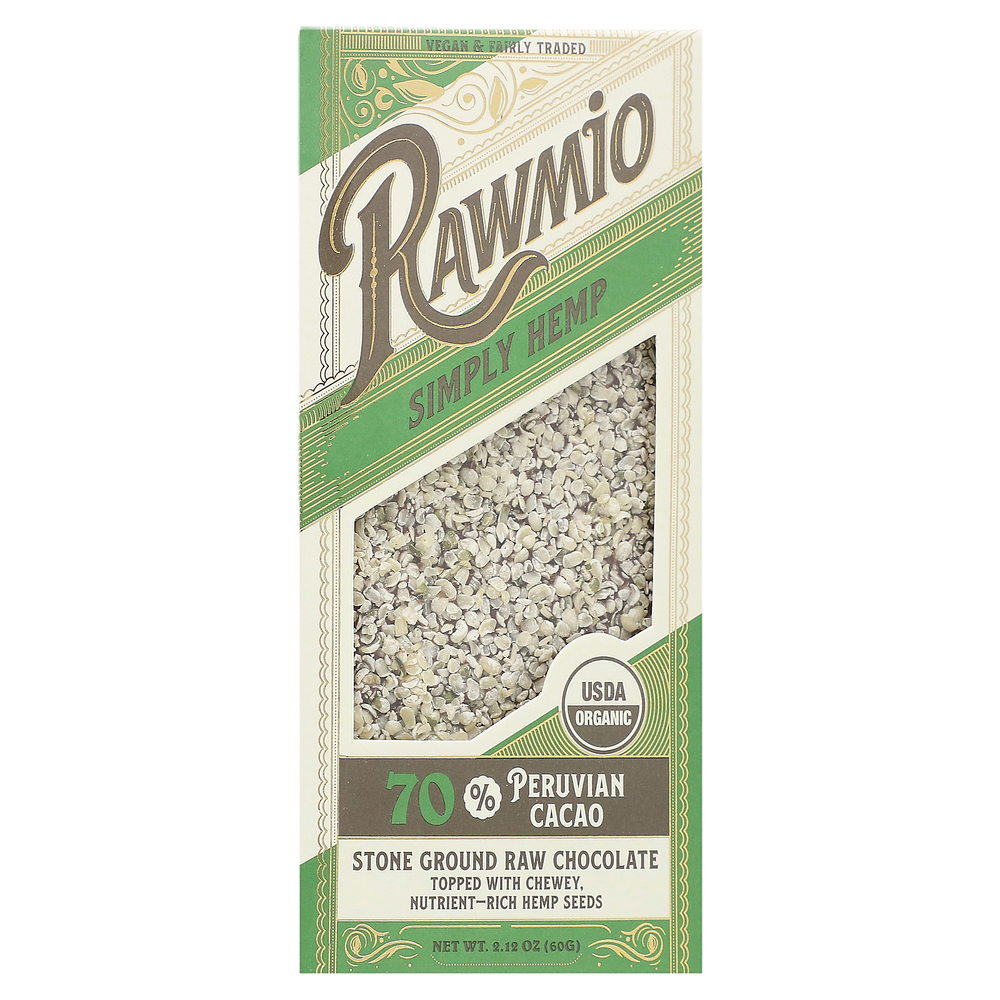 Rawmio, Simply Hemp, шоколадный батончик, 70% перуанского какао, 60 г (2,12 унции)