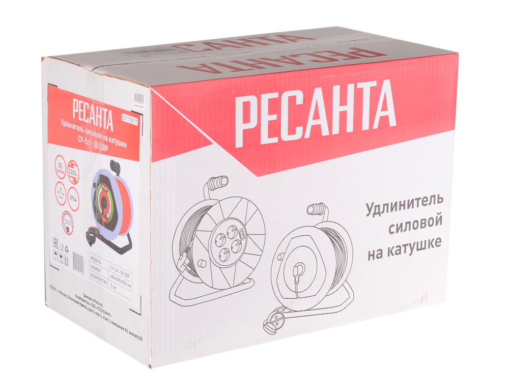Удлинитель силовой на катушке Ресанта СУ-2х1-30/2ВР (с выкл., 1 розетка, IP44)