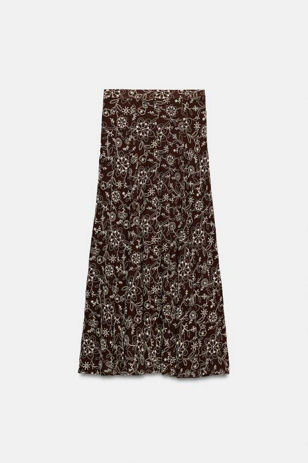 ZARA ЮБКА МИДИ С ВЫШИВКОЙ, КОРИЧНЕВЫЙ/ЭКРЮ