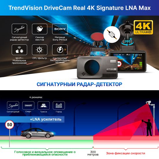 Видеорегистратор с радар-детектором - TrendVision DriveCam Real 4K Signature LNA Max