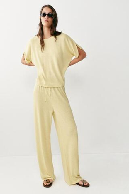 ZARA БРЮКИ WIDE LEG ИЗ ТКАНИ В ДЕРЕВЕНСКОМ СТИЛЕ, СВЕТЛО-ЖЕЛТЫЙ
