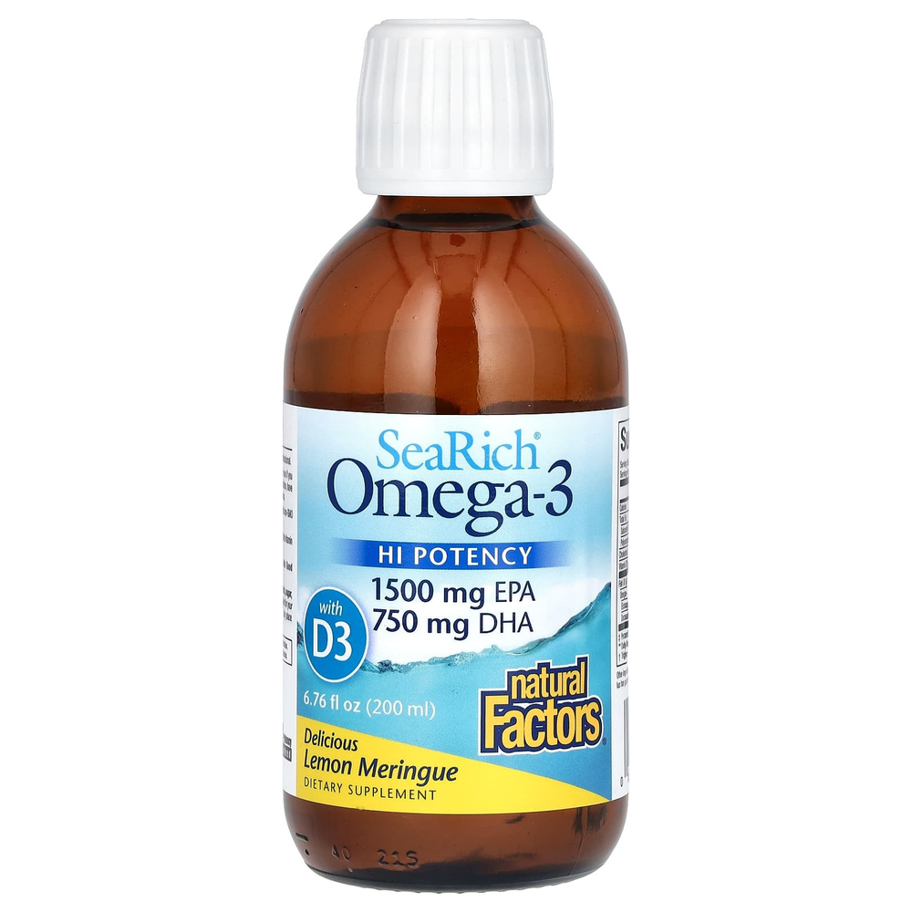 Natural Factors, SeaRich омега-3 с витамином D3, высокая эффективность, вкусное лимонное безе, 200 мл (6,76 жидк. унции)