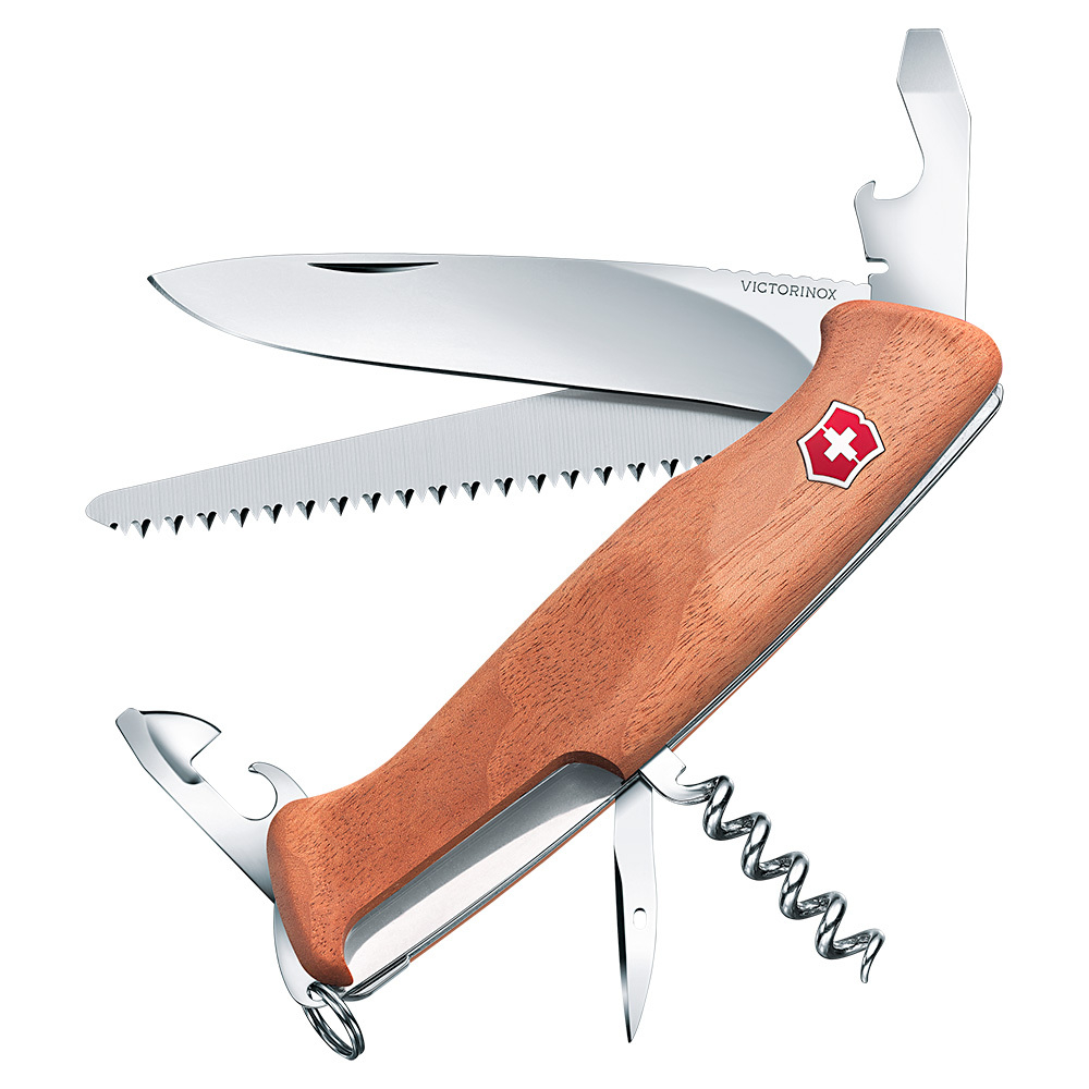 Нож Victorinox RangerWood 55, 0.9561.63, 130 мм, 10 функций, фиксатор лезвия "liner lock", лезвие и инструменты из нержавеющей стали, рукоять из орехового дерева