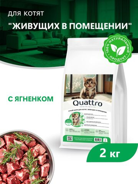 Корм сухой для котят живущих в помещении, с ягненком, 2 кг, QUATTRO