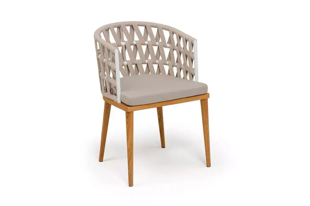 "Диего" стул плетеный из роупа, основание дуб каркас из стали белый муар, роуп бежевый круглый, ткань бежевая 052