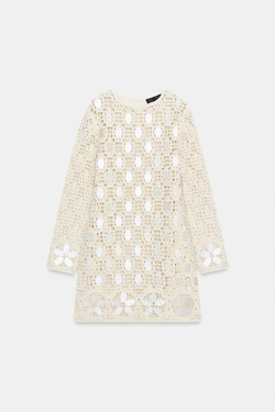 ZARA ВЯЗАНОЕ ПЛАТЬЕ С БУСИНАМИ, ЭКРЮ