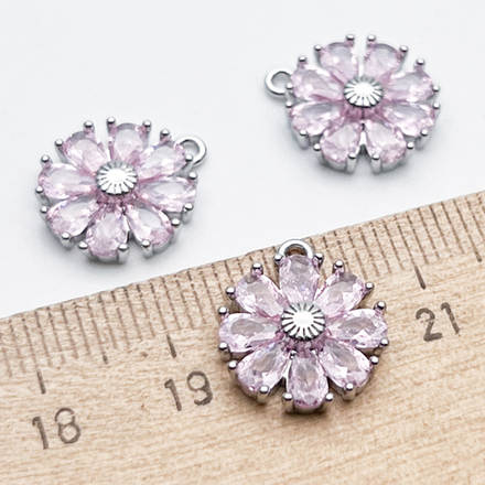 Подвеска Цветок, цвет серебро (родий) + розовый, размер 15*12 мм, цена за 1 шт