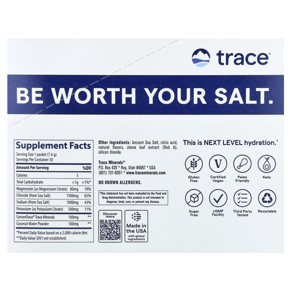 Trace, ZEROlyte, электролит и кокосовая вода, salty orange lemonade flavor, 30 пакетиков.