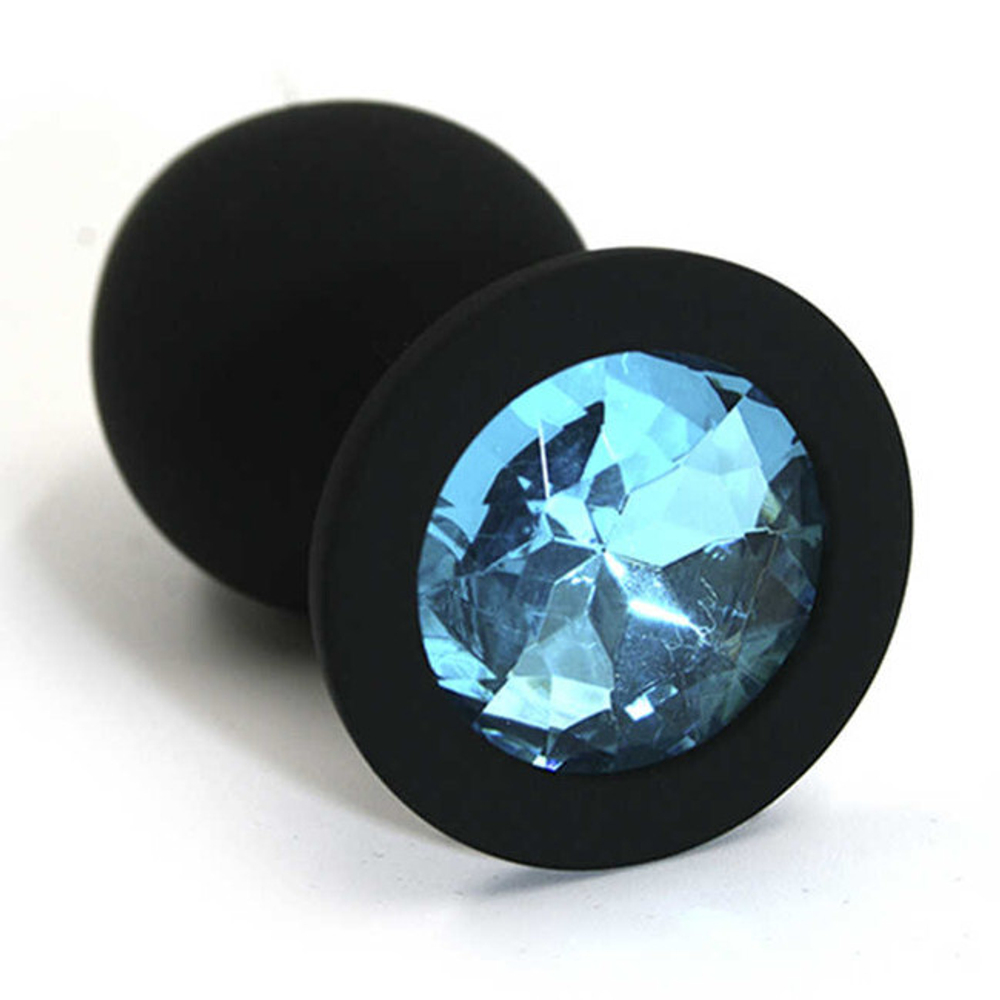 Анальная пробка из силикона со светло-голубым стразом , M (Цвет: черный с голубым)