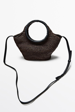 Massimo Dutti Мини-сумочка в форме полумесяца из рафии, коричневый