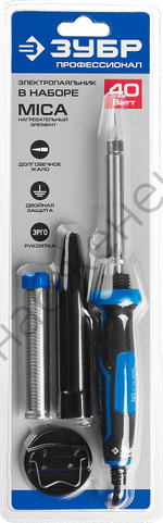 ЗУБР 40Вт в наборе: припой + подставка, 2-комп. рукоятка, конус, керамический нагреватель, Электропаяльник (55402-40_z01)