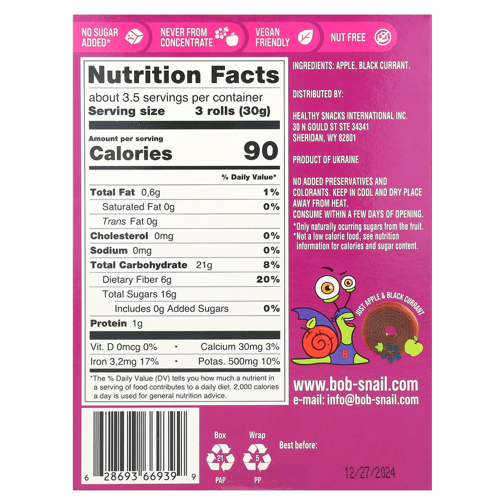 Bob Snail, Fruit Rolls, яблоко и черная смородина, 10 пакетиков по 10 г (0,35 унции)