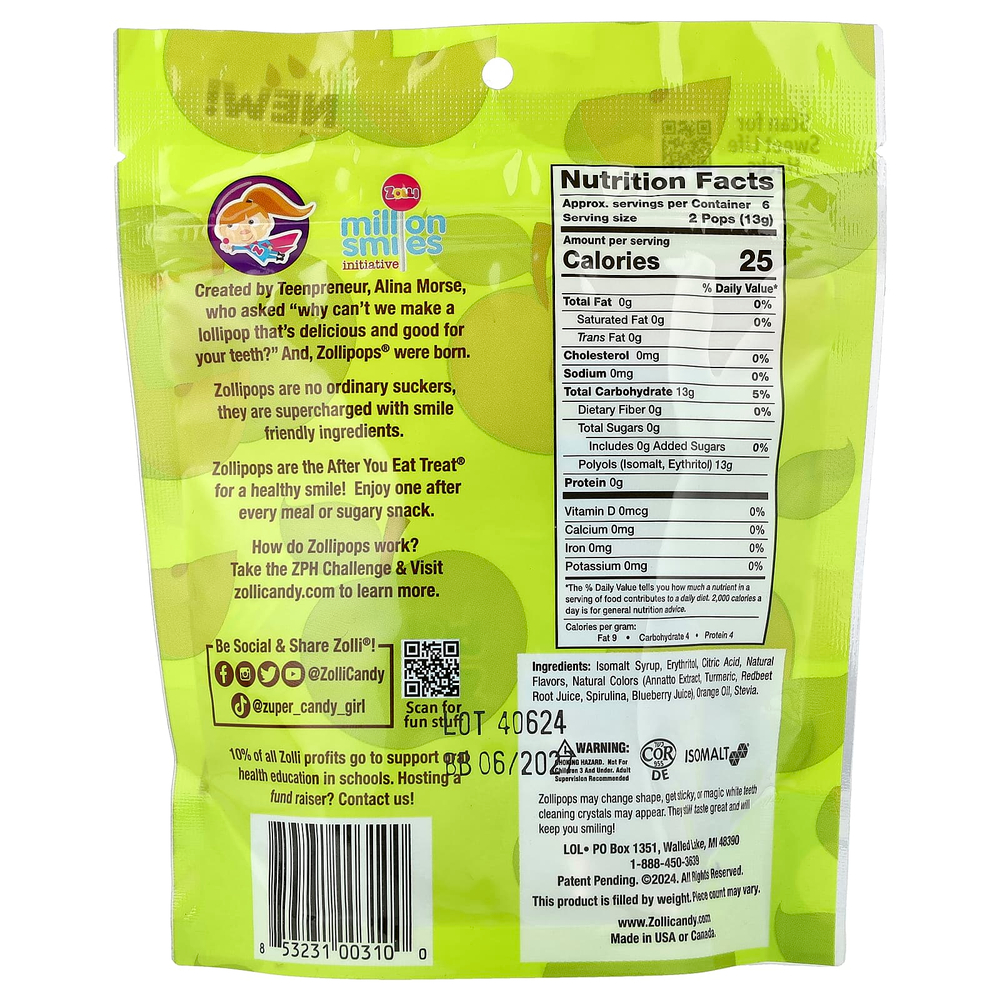 Zollipops, The Clean Teeth, леденцы, со вкусом зеленого яблока, 88 г (3,1 унции)