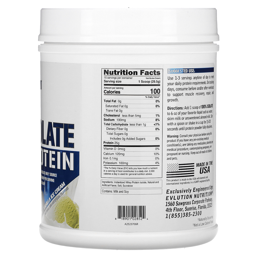 EVLution Nutrition, 100% изолят протеина, ванильное мороженое, 454 г (1 фунт)