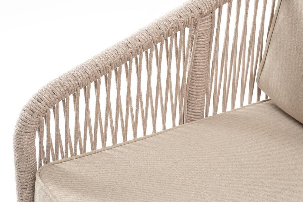 "Канны" диван 2-местный плетеный из роупа, каркас алюминий белый муар, роуп бежевый круглый, ткань бежевая 052