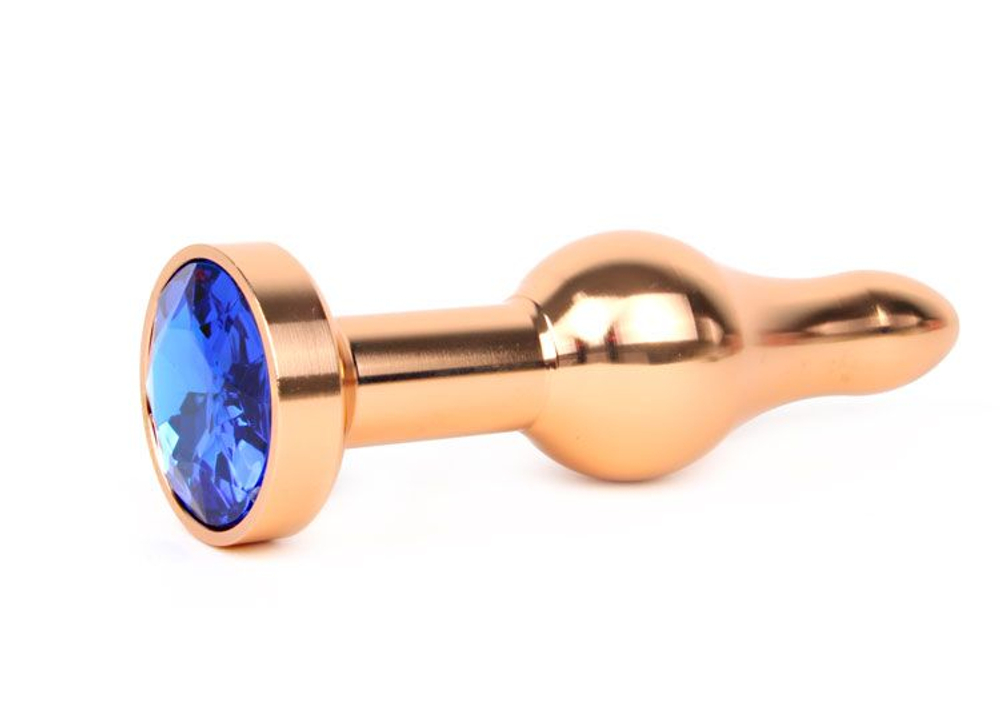 Удлиненная шарикообразная золотистая анальная втулка с синим кристаллом - 10,3 см. (Цвет: синий)