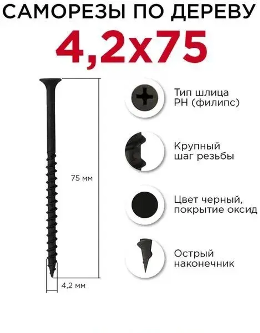 Саморез черный 4,2х75 мм (100 шт.) для гипса, дерева ШСГД