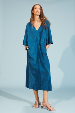 ZARA ДЛИННОЕ ПЛАТЬЕ-КАФТАН ИЗ ЗАМШИ, СИНИЙ