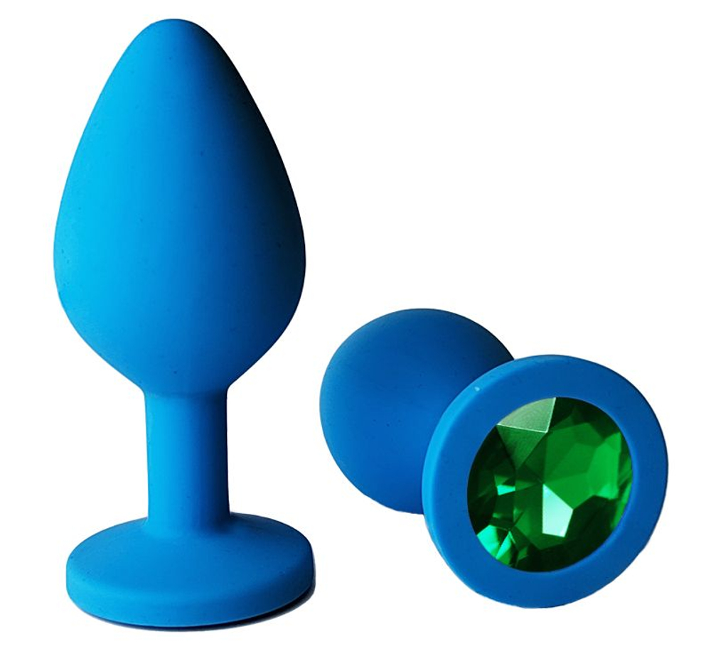 Голубая анальная пробка с зеленым кристаллом - 9,5 см. (Цвет: зеленый)