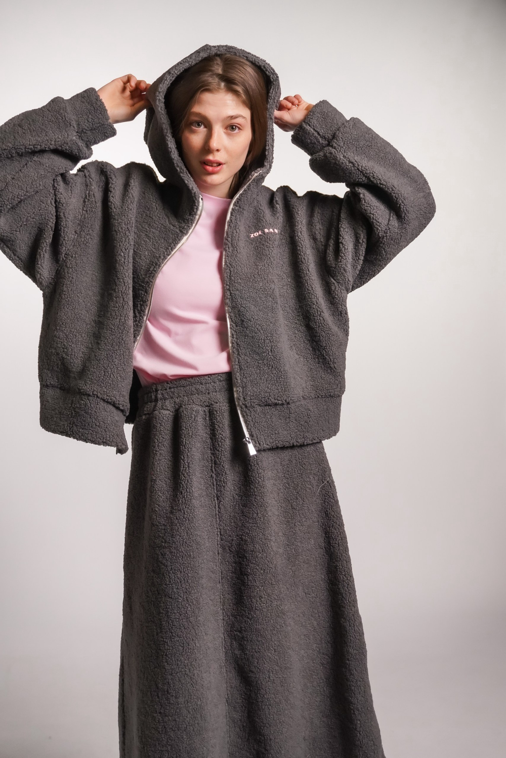 Юбка-трапеция из плюшевой ткани, графит