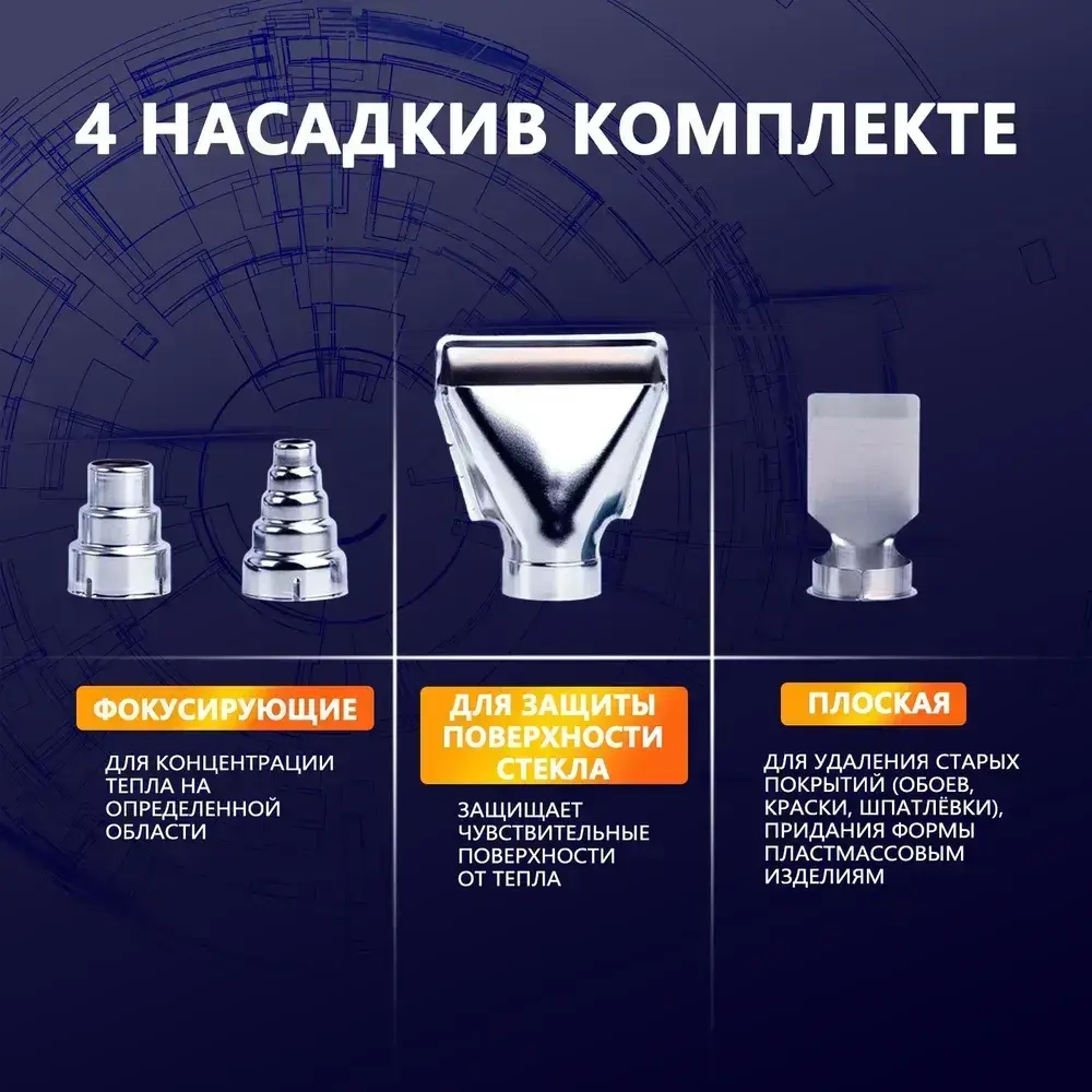 фен строительный HOOMOTEK с регулировкой температуры с дисплеем (220 В, 2000 Вт, 60-650 градусов, ЭЛЕКТРОННАЯ РЕГУЛИРОВКА, ЖК-дисплей+4 аксессуары )