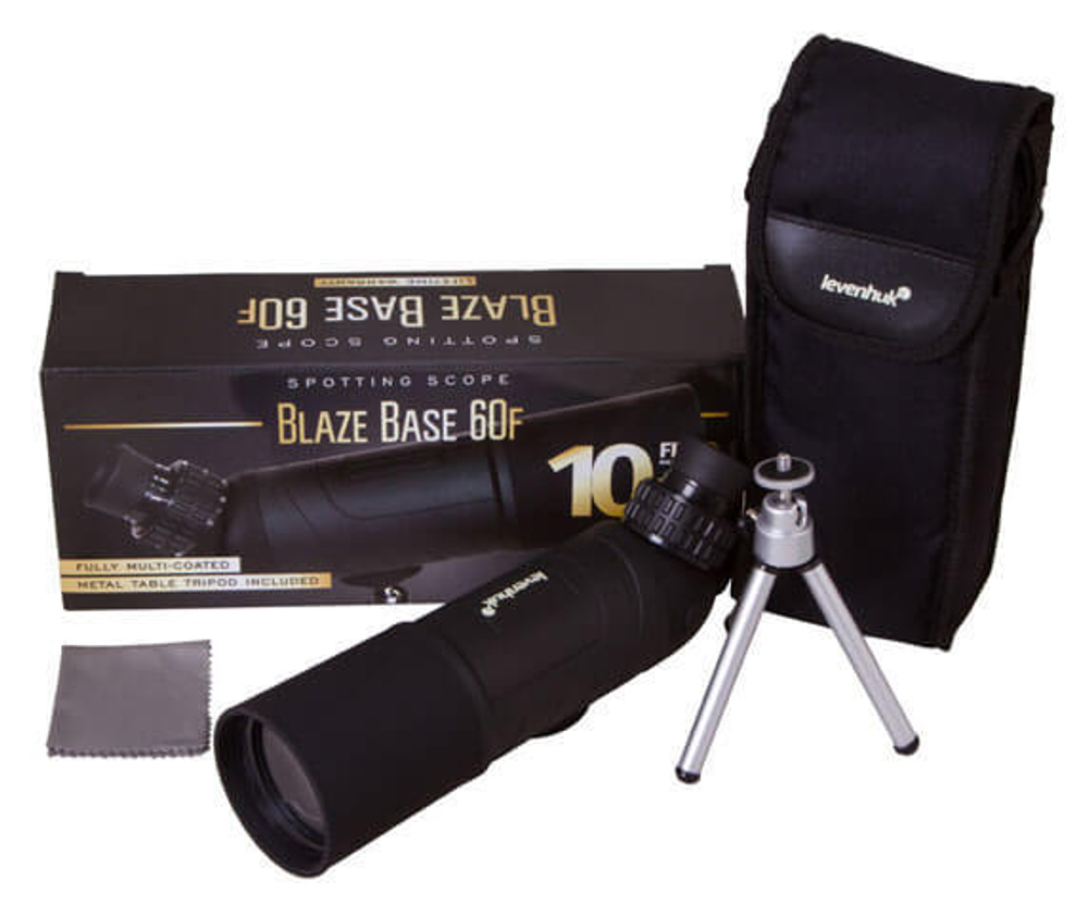 Комплект поставки подзорной трубы Levenhuk Blaze BASE 60F: штатив, футляр, салфетка, коробка