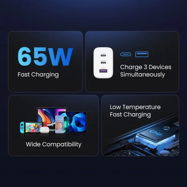 Адаптер питания Ugreen 65Вт Fast Charger (2 Type-C + USB-A) Белый