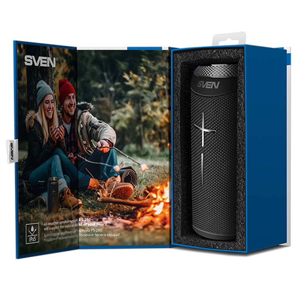Портативная колонка SVEN PS-280, черный (12 Вт, Waterproof (IPx6), TWS, Bluetooth, FM, USB, microSD, 2400мА*ч)