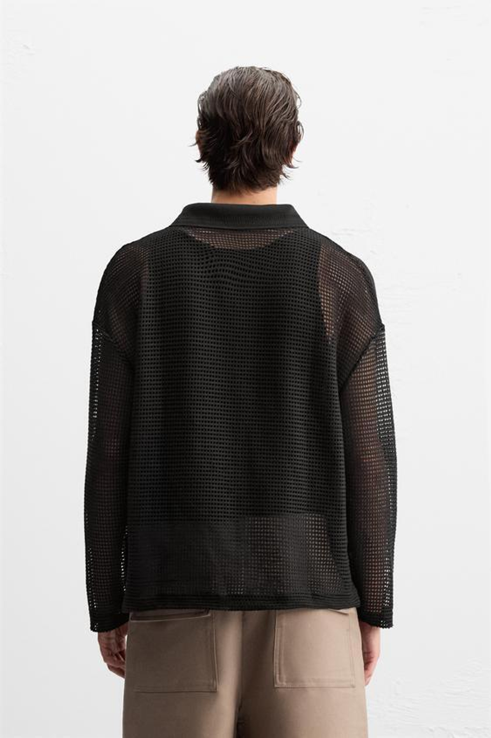 ZARA ПОЛО ИЗ РЕЛЬЕФНОЙ СЕТЧАТОЙ ТКАНИ, ЧЕРНЫЙ