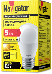 Лампа светодиодная Navigator G45 220V Е27 5W 2700K шар 22030