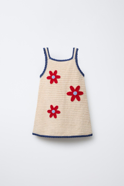 ZARA ТРИКОТАЖНОЕ ПЛАТЬЕ С ЦВЕТАМИ, ЭКРЮ/КРАСНЫЙ