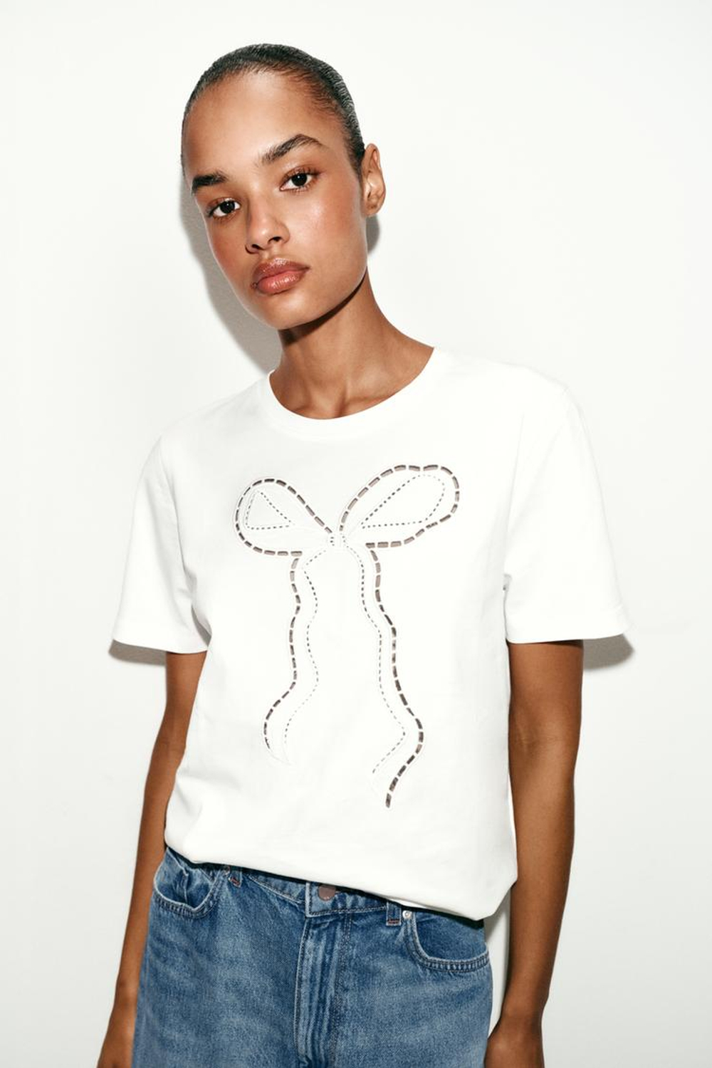 ZARA ФУТБОЛКА С БАНТОМ СПЕРЕДИ, БЕЛЫЙ