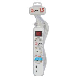 Удлинитель электрический ЭРА UB-3es-1,5m-USB c заземлением с выключателем 3 розетки + 1xUSBA+1xUSBC 1,5м 10А | Бытовые удлинители