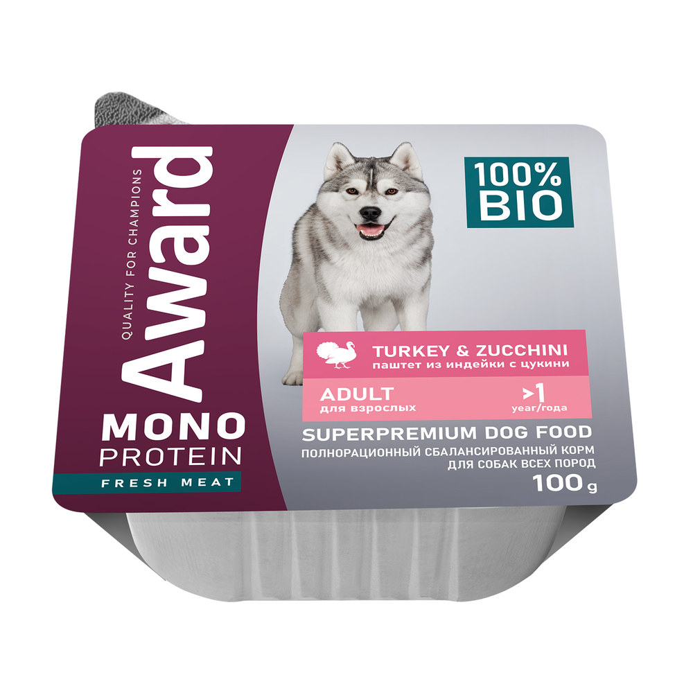 Влажный корм AWARD Monoprotein для взрослых собак паштет из индейки с цукини 100г - 14 шт