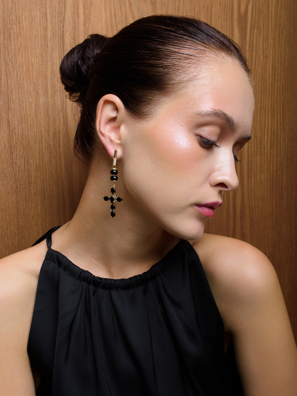 Серьги "Black Cross" из черного агата Gold