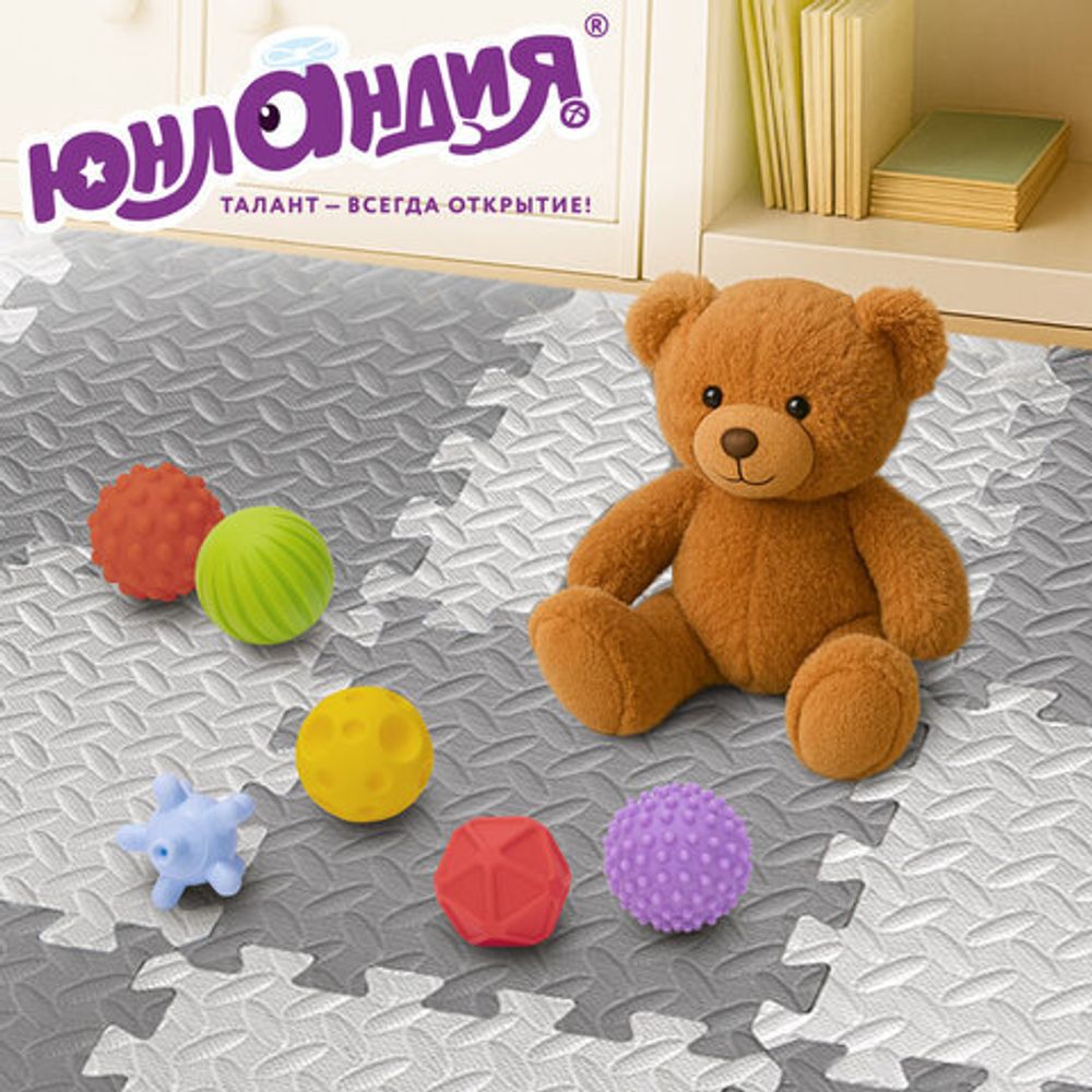 Коврик-пазл напольный 1,2х1,2 м, 16 шт., 30х30 см, толщина 1 см, серый, светло-серый, ЮНЛАНДИЯ, 664811