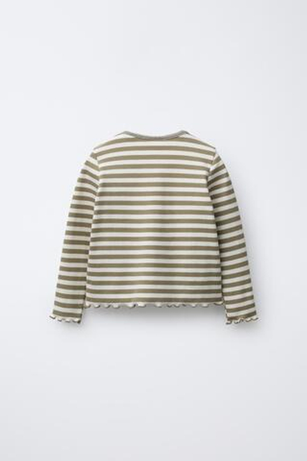 ZARA ЛОНГСЛИВ В ПОЛОСКУ С БЛЕСТЯЩИМ ПРИНТОМ И ВЫШИВКОЙ, ЭКРЮ/ЗЕЛЕНЫЙ