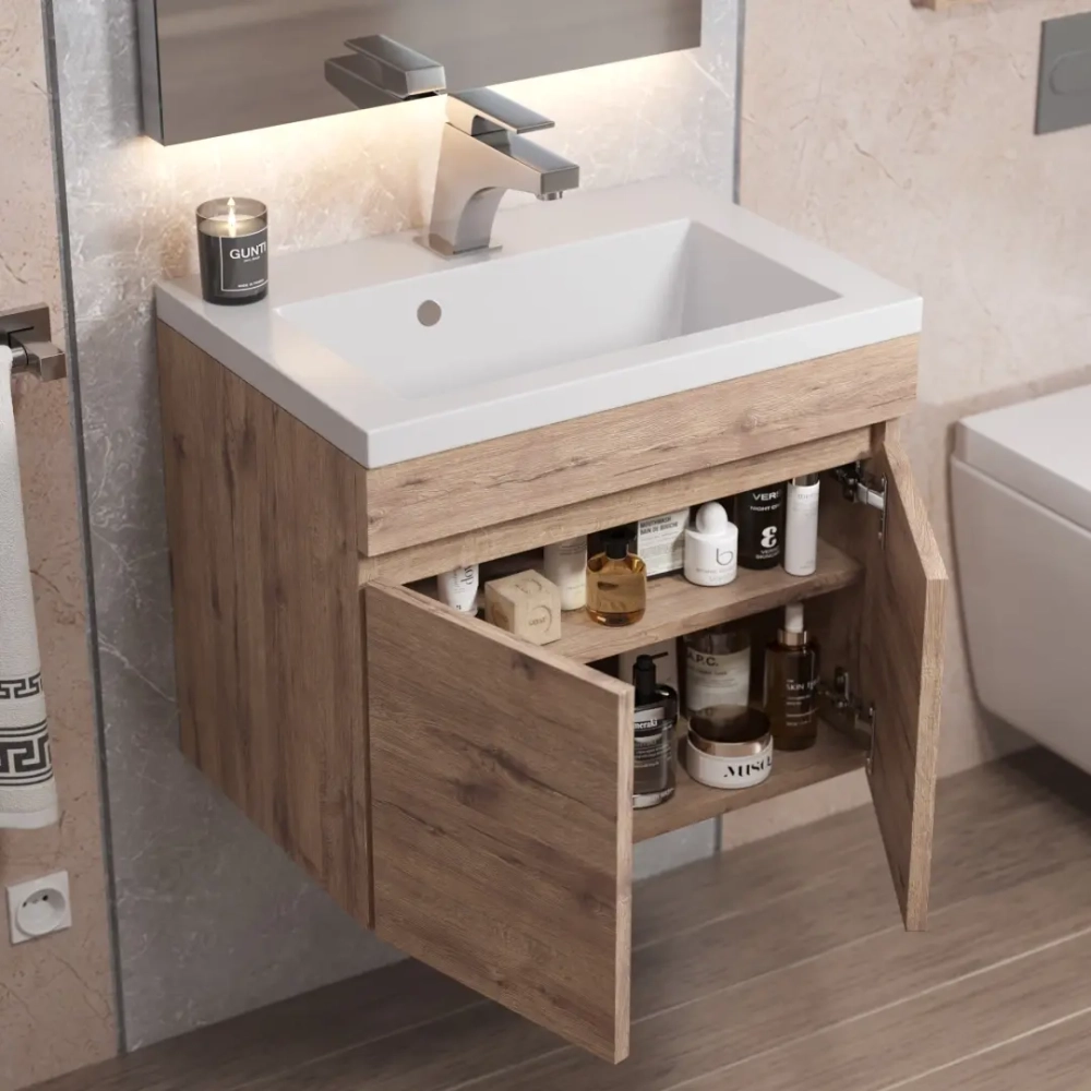 Тумба с раковиной для ванной Uperwood Eva, 50 см, подвесная, Крафт Табачный, с дверцами