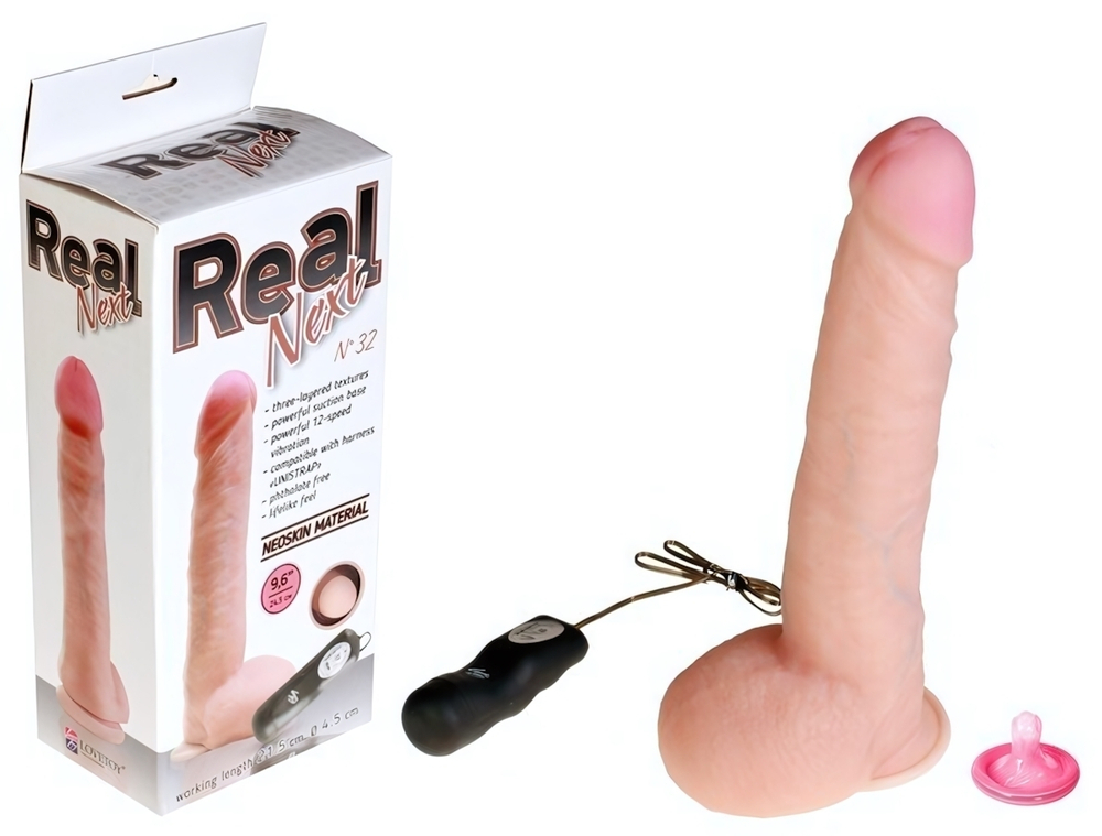 Длинный реалистик на присоске Real Next 9,6''№32 (вторая кожа, 12 режимов) (Цвет: телесный)