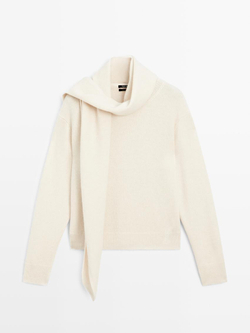 Massimo Dutti Свитер из 100% кашемира с воротником-шарфом, бежевый