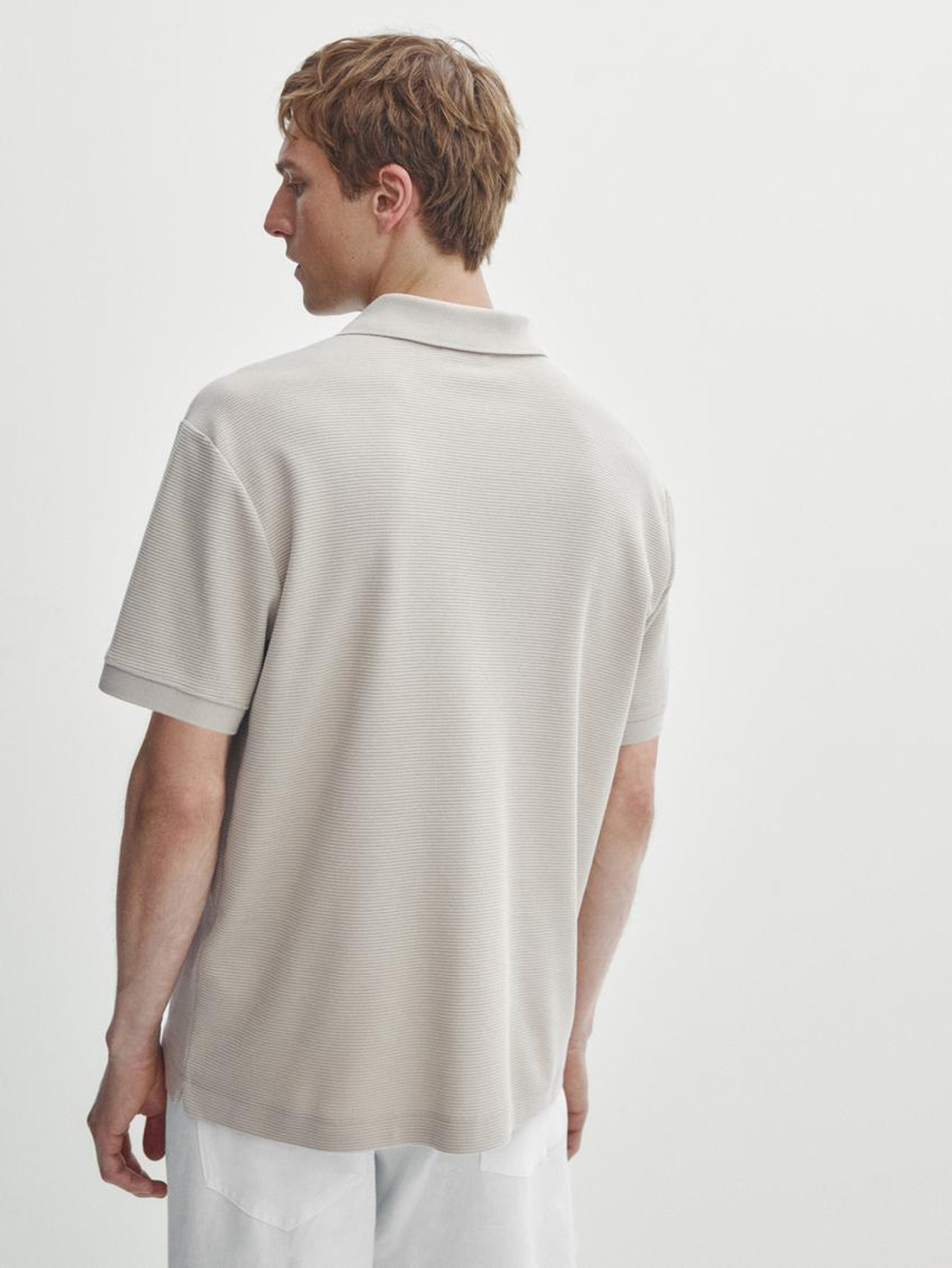 Massimo Dutti Хлопковая футболка-поло с короткими рукавами, бежевый