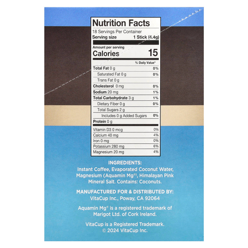 VitaCup, Растворимый кофе с электролитами для гидратации, средняя обжарка, 18 порционных палочек, по 4,4 г (0,16 унции)