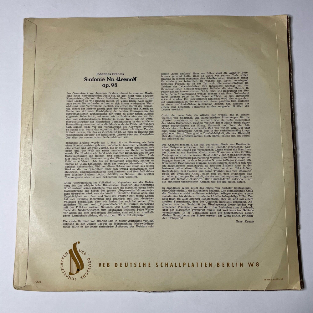 Винтажная виниловая пластинка LP И. Брамс Симфония 4 Ми Минор соч. 98 (ГДР 1961)