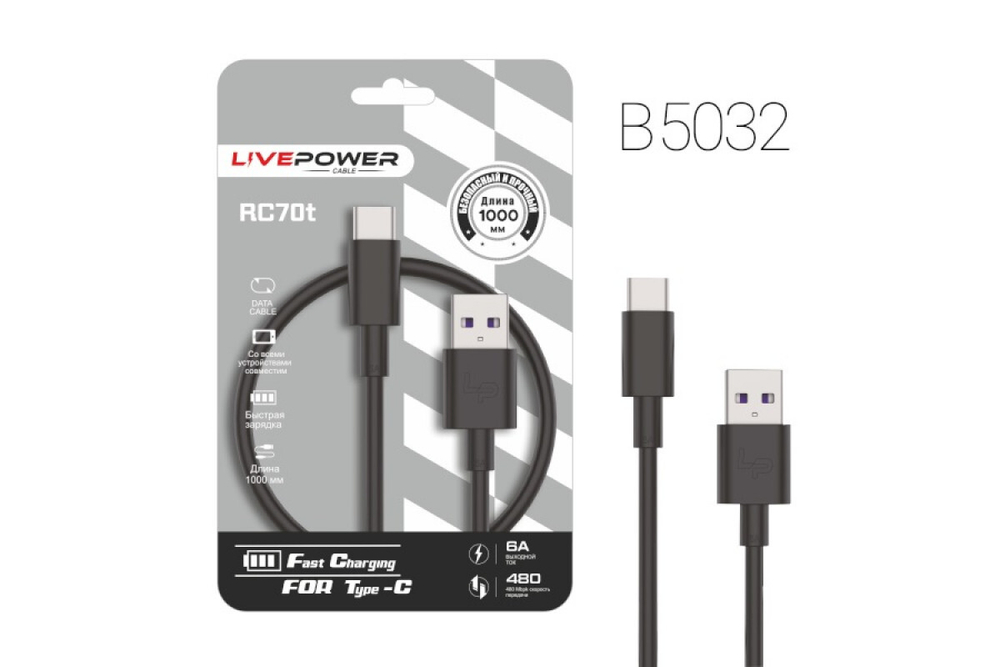 Кабель USB - TypeC LIVE POWER RC70 6A (черный) 1м