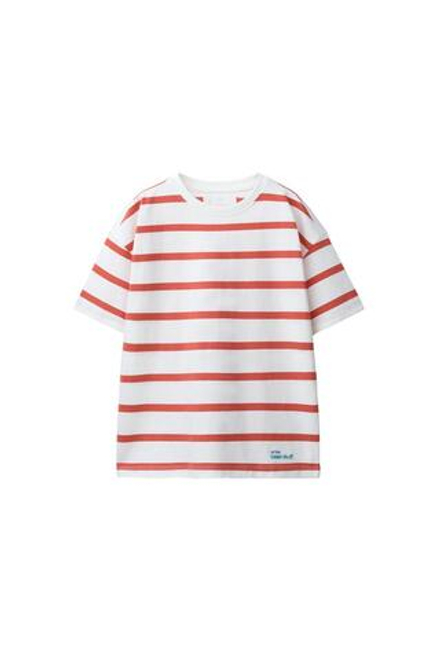 ZARA ФУТБОЛКА HEAVY WEIGHT В ПОЛОСКУ С НАДПИСЬЮ, КРАСНАЯ ПОЛОСКА